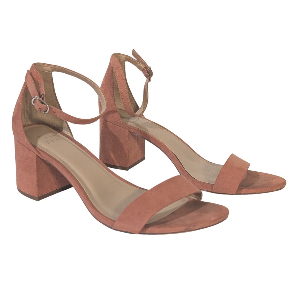 A New Day Women Sandals 7.5 Rose Pink Ankle Strap Block Heel Faux Suede Open Toe